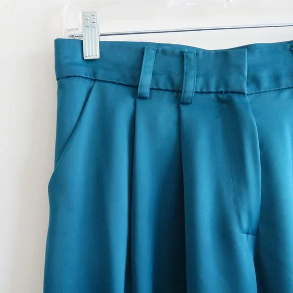 ZENA PRESLEY Teal Satin Palazzo Wide Leg Pants Drapey - Women's Size M - Picture 5 of 15